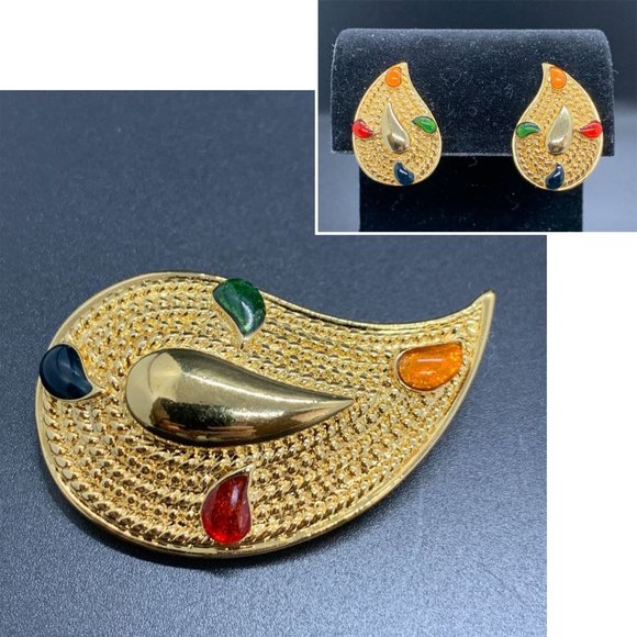 Avon Vintage 1986 Paisley Colors Enamel Set Parure Brooch Earrings 80s - Picture 1 of 7